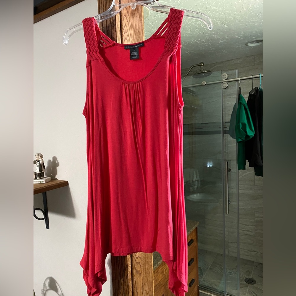 Red dressy tank with beautiful shoulder detail. Stretch fabric